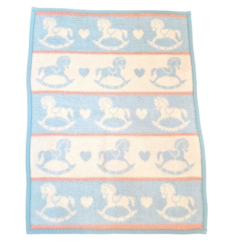 Vintage Blue Rockinghorse Baby Blanket Hearts Acryl Velours‎ Biederlack USA Made